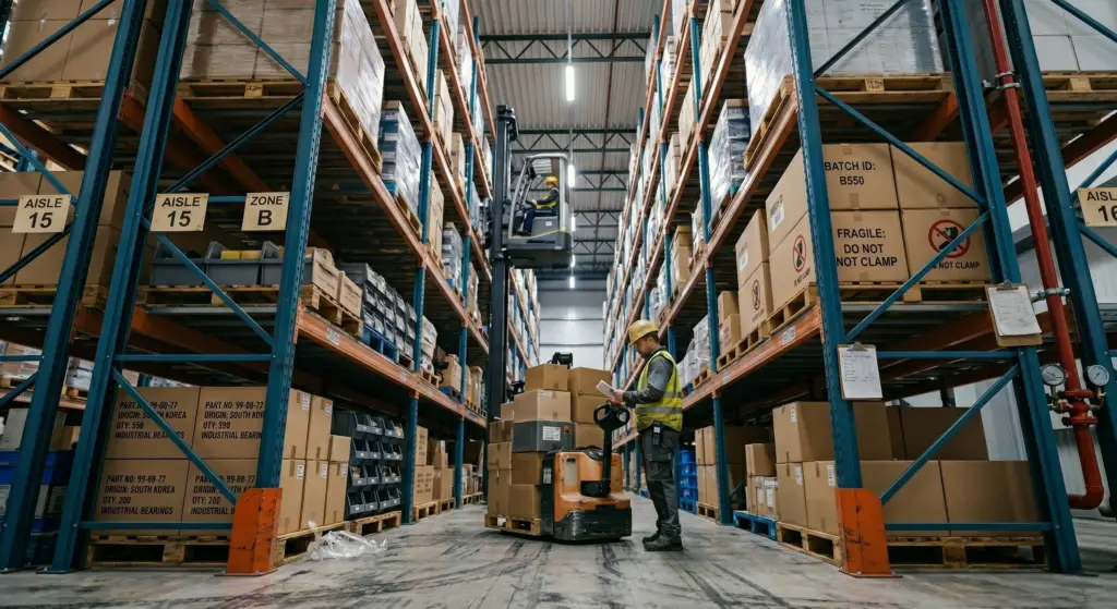 A wide view of a realistic warehouse interior with tall blue and orange storage racks filled with cardboard boxes and pallets. A worker wearing a hard hat and safety vest stands in the center aisle reviewing a document next to a loaded pallet jack, while a forklift operates in the background.